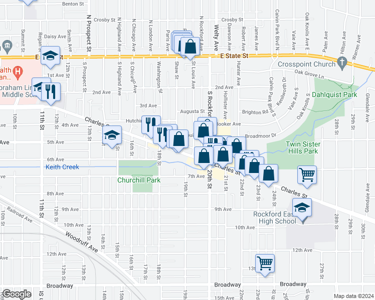 map of restaurants, bars, coffee shops, grocery stores, and more near 2316 Charles Street in Rockford