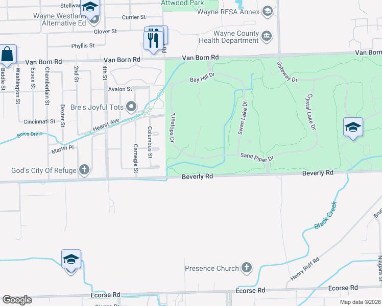 map of restaurants, bars, coffee shops, grocery stores, and more near 6274 Inverness Court in Romulus
