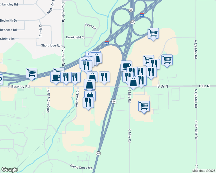 map of restaurants, bars, coffee shops, grocery stores, and more near 5801 Beckley Road in Battle Creek