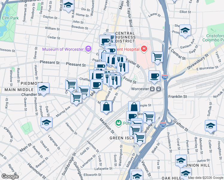 map of restaurants, bars, coffee shops, grocery stores, and more near 8 Portland Street in Worcester