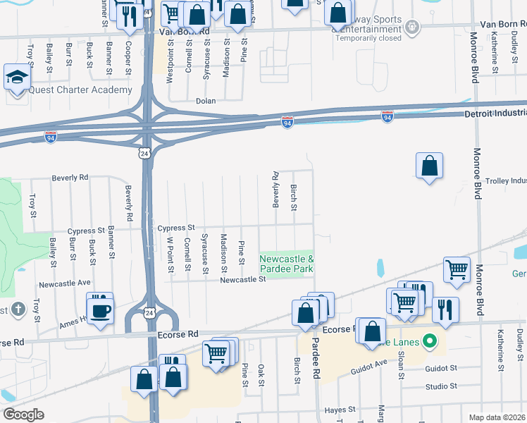 map of restaurants, bars, coffee shops, grocery stores, and more near 6521 Oak Street in Taylor