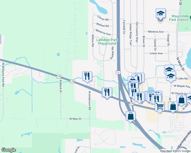 map of restaurants, bars, coffee shops, grocery stores, and more near 26964 Slocum Lake Road in Wauconda