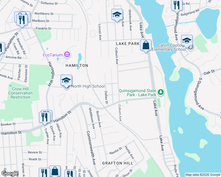 map of restaurants, bars, coffee shops, grocery stores, and more near 15 Palisades Street in Worcester