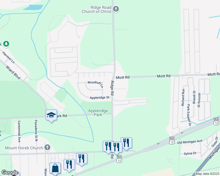 map of restaurants, bars, coffee shops, grocery stores, and more near 1429 Ridge Road in Superior Charter Township