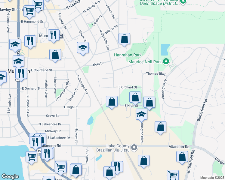 map of restaurants, bars, coffee shops, grocery stores, and more near 809 East Orchard Street in Mundelein