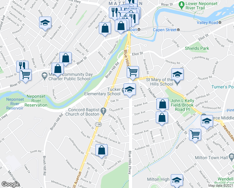 map of restaurants, bars, coffee shops, grocery stores, and more near 9 Belvoir Road in Milton