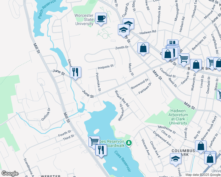 map of restaurants, bars, coffee shops, grocery stores, and more near 245 June Street in Worcester