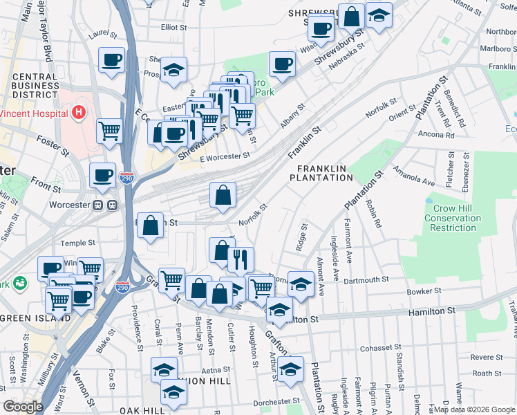 map of restaurants, bars, coffee shops, grocery stores, and more near 33 Norfolk Street in Worcester