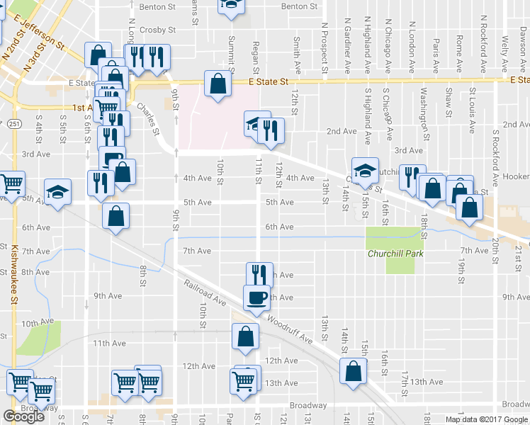 map of restaurants, bars, coffee shops, grocery stores, and more near 614 11th Street in Rockford