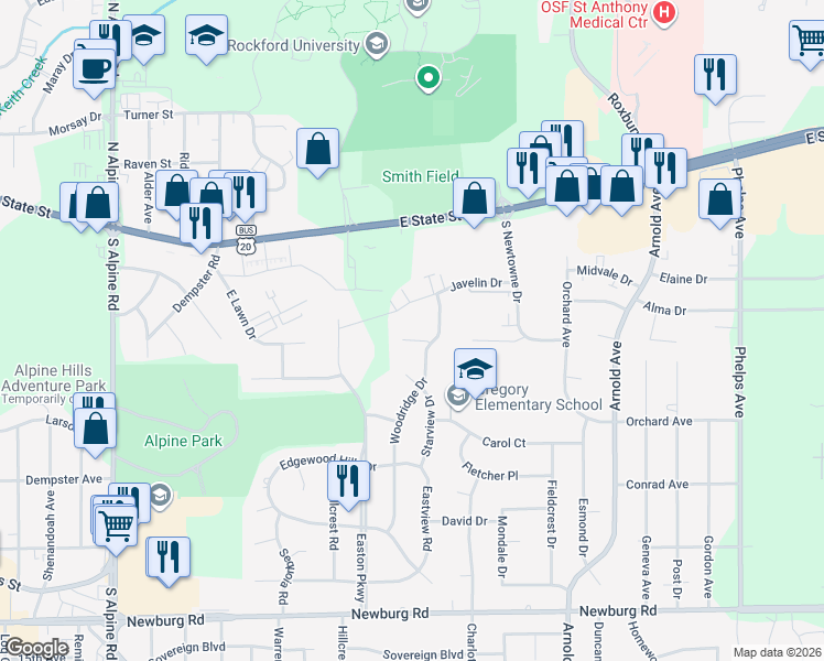 map of restaurants, bars, coffee shops, grocery stores, and more near 4812 Woodridge Court in Rockford