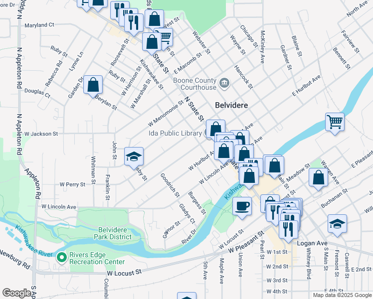 map of restaurants, bars, coffee shops, grocery stores, and more near 225 West Madison Street in Belvidere