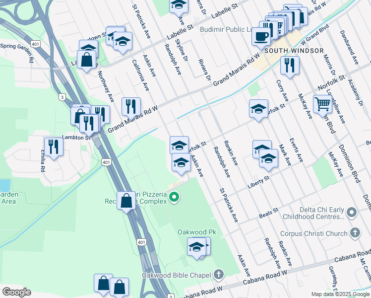 map of restaurants, bars, coffee shops, grocery stores, and more near 3195 Askin Avenue in Windsor