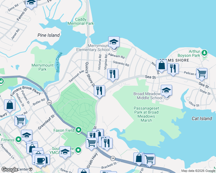 map of restaurants, bars, coffee shops, grocery stores, and more near 175 Sea Street in Quincy