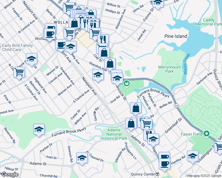map of restaurants, bars, coffee shops, grocery stores, and more near 1 Saint Anns Road in Quincy