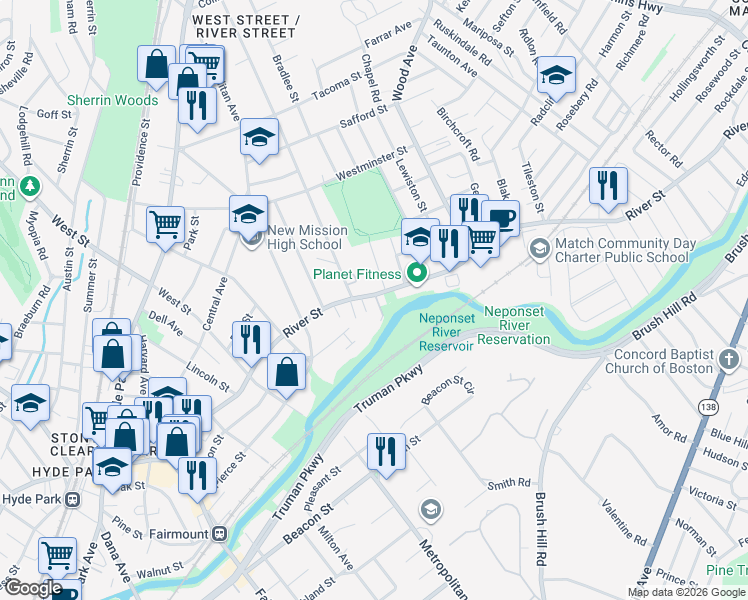 map of restaurants, bars, coffee shops, grocery stores, and more near 946 River Street in Boston