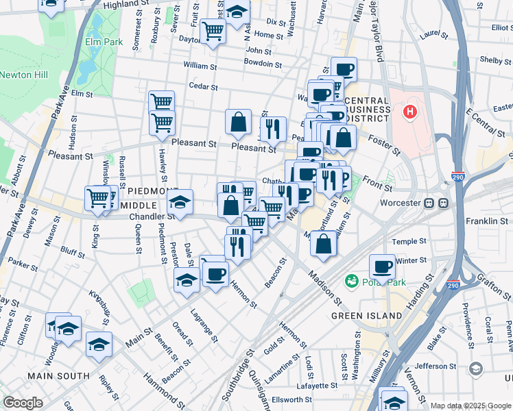 map of restaurants, bars, coffee shops, grocery stores, and more near in Worcester