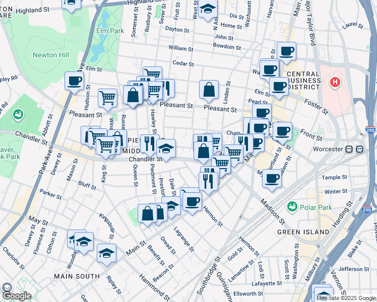 map of restaurants, bars, coffee shops, grocery stores, and more near 101 Austin Street in Worcester