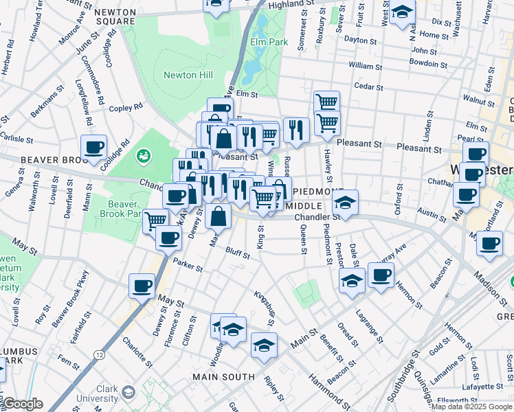 map of restaurants, bars, coffee shops, grocery stores, and more near 199 Chandler Street in Worcester