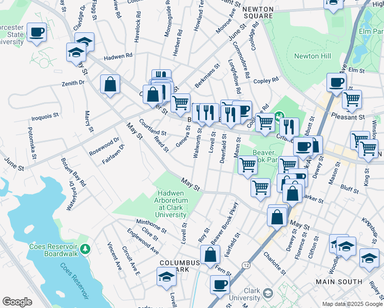 map of restaurants, bars, coffee shops, grocery stores, and more near 31 Walworth Street in Worcester