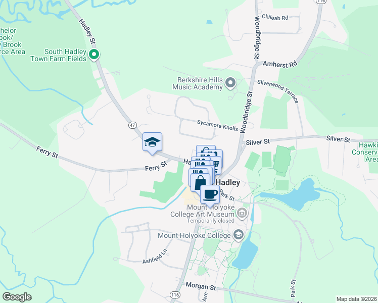 map of restaurants, bars, coffee shops, grocery stores, and more near 23 Hadley Street in South Hadley