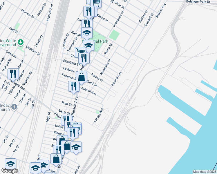 map of restaurants, bars, coffee shops, grocery stores, and more near 86 Forest Street in River Rouge