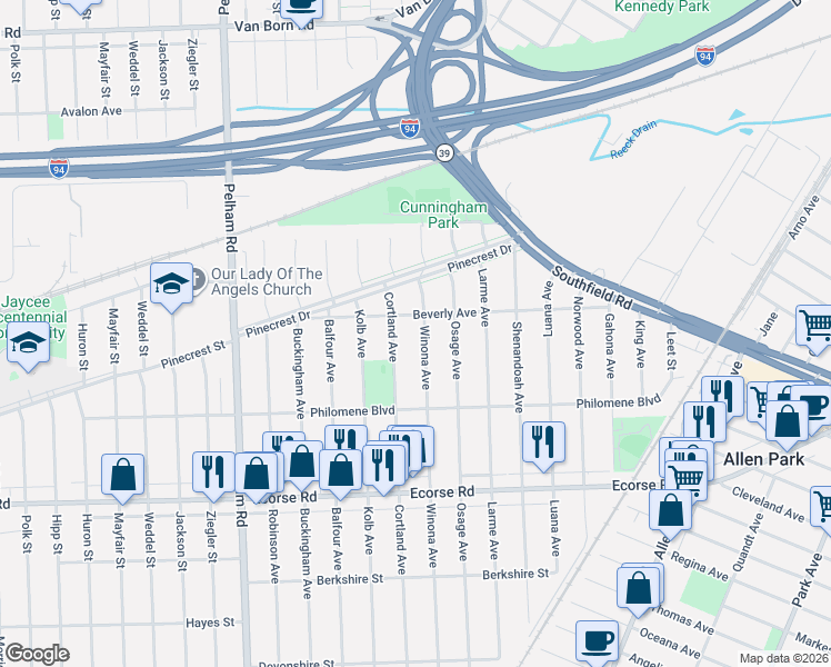 map of restaurants, bars, coffee shops, grocery stores, and more near 6546 Winona Avenue in Allen Park