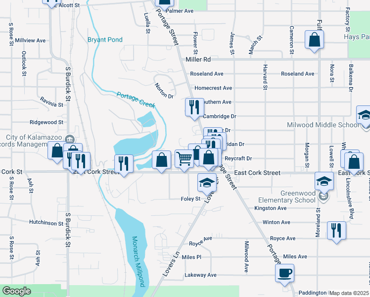 map of restaurants, bars, coffee shops, grocery stores, and more near 928 Sheridan Drive in Kalamazoo