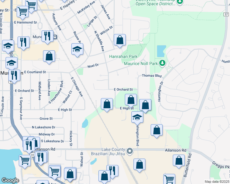 map of restaurants, bars, coffee shops, grocery stores, and more near 825 East Orchard Street in Mundelein