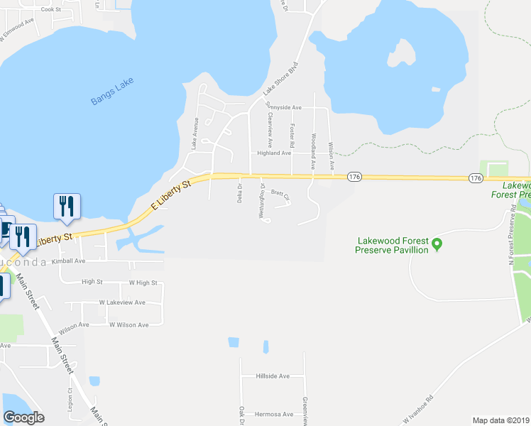 map of restaurants, bars, coffee shops, grocery stores, and more near 330 Wethington Drive in Wauconda