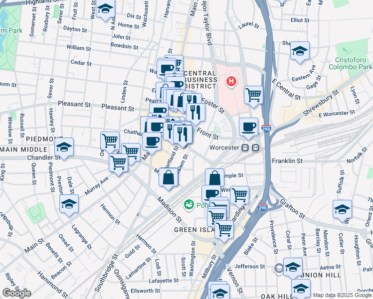 map of restaurants, bars, coffee shops, grocery stores, and more near 82 Franklin Street in Worcester