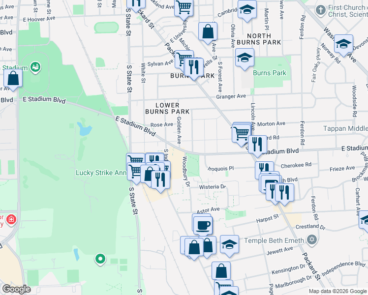 map of restaurants, bars, coffee shops, grocery stores, and more near 1111 East Stadium Boulevard in Ann Arbor