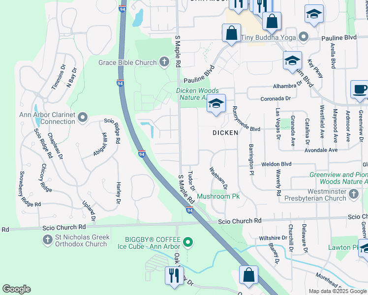 map of restaurants, bars, coffee shops, grocery stores, and more near 1645 South Maple Road in Ann Arbor