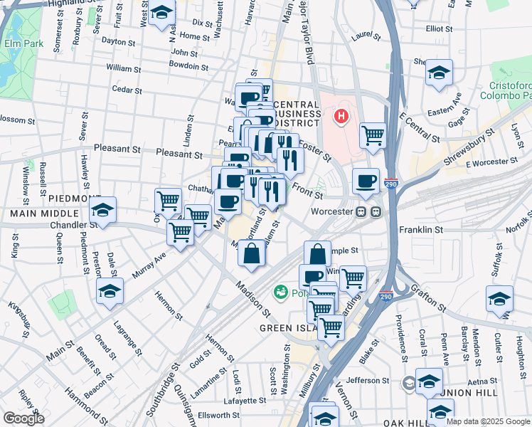 map of restaurants, bars, coffee shops, grocery stores, and more near 8 Portland Street in Worcester