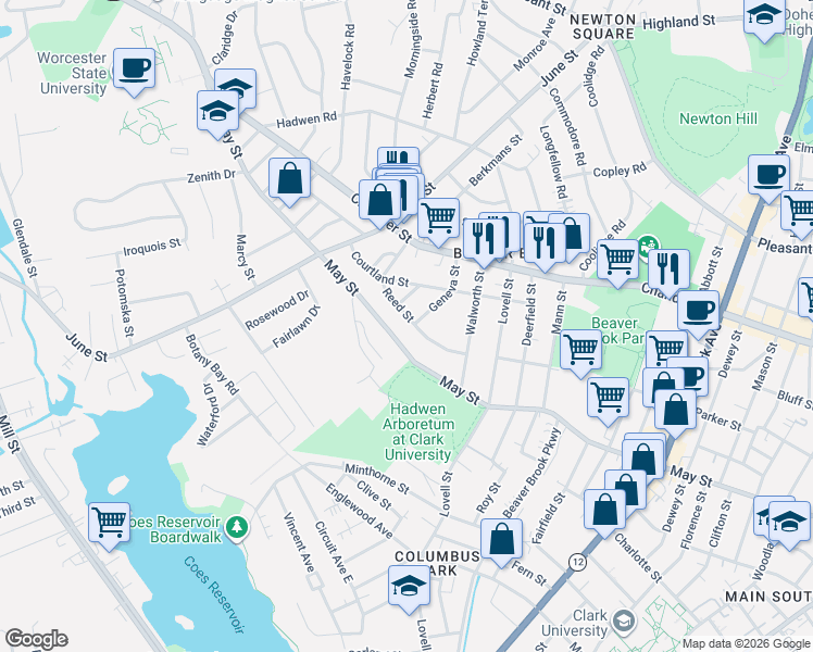 map of restaurants, bars, coffee shops, grocery stores, and more near 186 May Street in Worcester