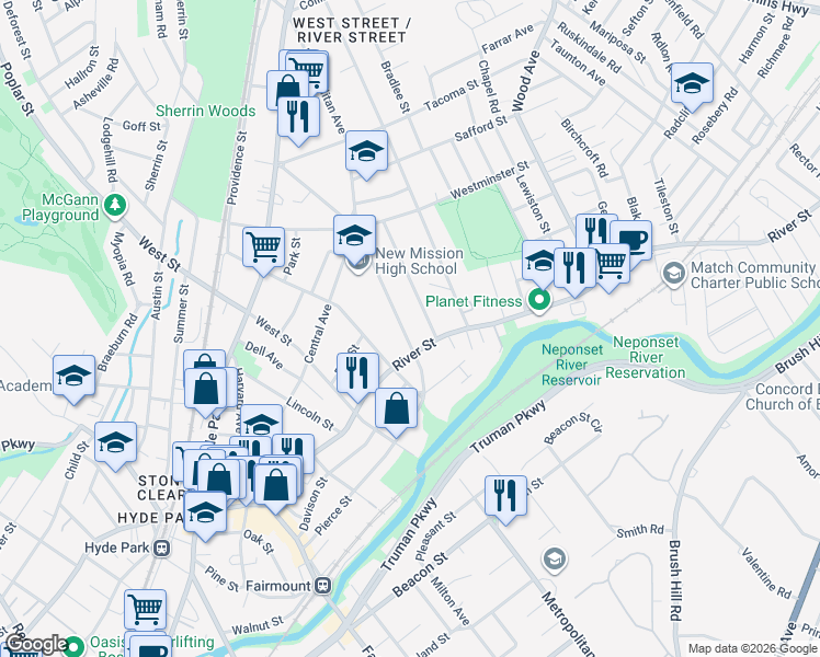 map of restaurants, bars, coffee shops, grocery stores, and more near 725 Metropolitan Avenue in Boston