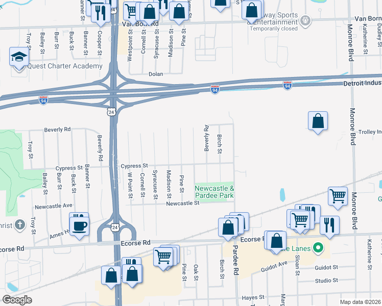 map of restaurants, bars, coffee shops, grocery stores, and more near 6521 Oak Street in Taylor