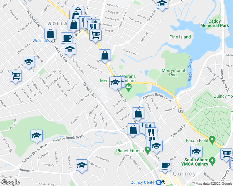 map of restaurants, bars, coffee shops, grocery stores, and more near 1 Saint Anns Road in Quincy