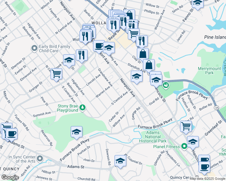 map of restaurants, bars, coffee shops, grocery stores, and more near 137 Grandview Avenue in Quincy