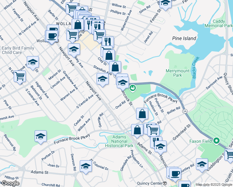 map of restaurants, bars, coffee shops, grocery stores, and more near 15 Saint Anns Road in Quincy