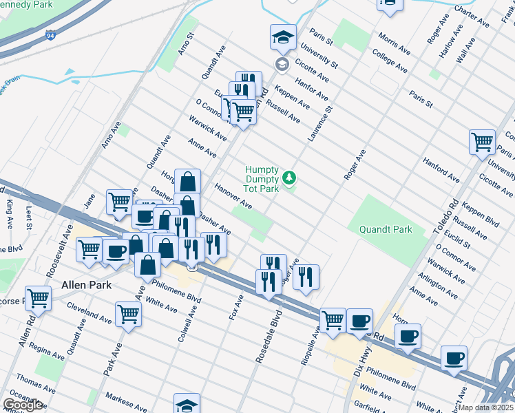 map of restaurants, bars, coffee shops, grocery stores, and more near 15126 Hanover Avenue in Allen Park