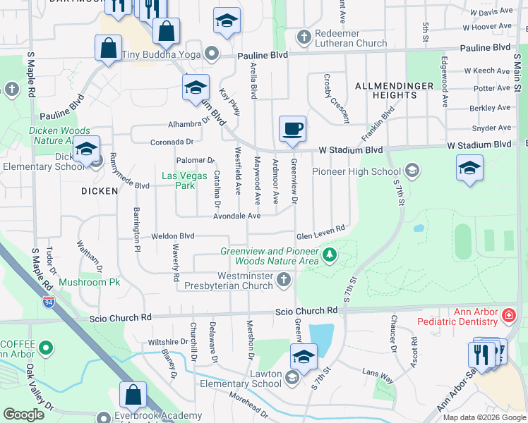 map of restaurants, bars, coffee shops, grocery stores, and more near 1520 Avondale Avenue in Ann Arbor