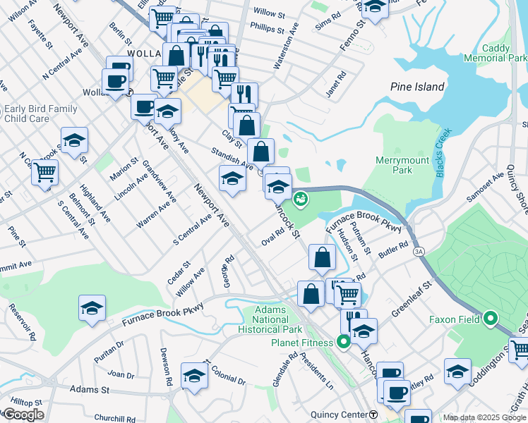 map of restaurants, bars, coffee shops, grocery stores, and more near 15 Saint Anns Road in Quincy