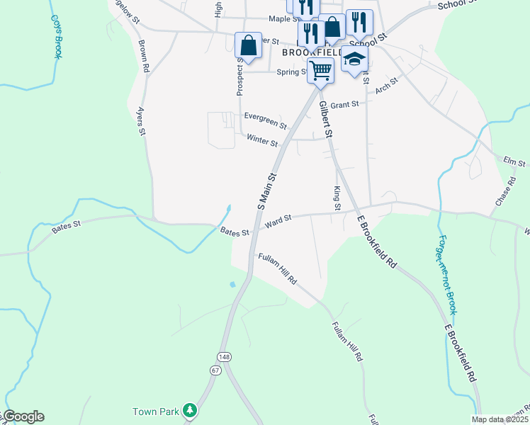 map of restaurants, bars, coffee shops, grocery stores, and more near 31 South Main Street in North Brookfield