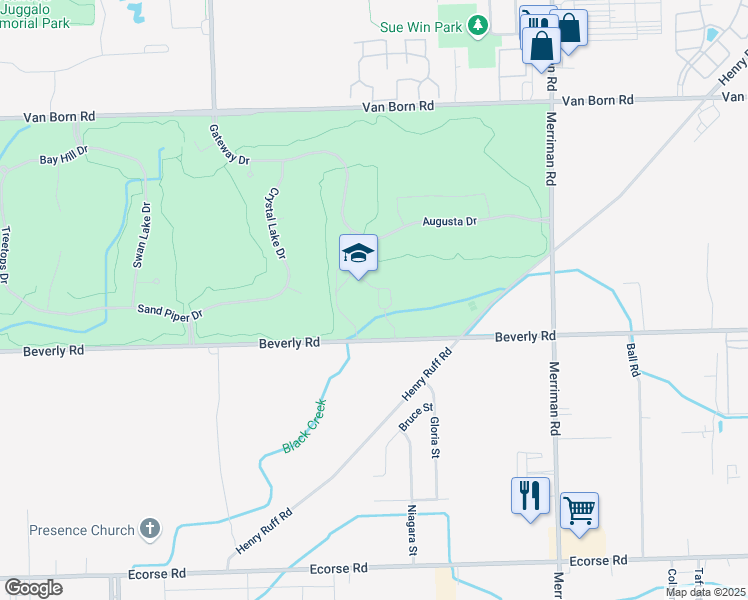 map of restaurants, bars, coffee shops, grocery stores, and more near 32200 Beverly Road in Romulus