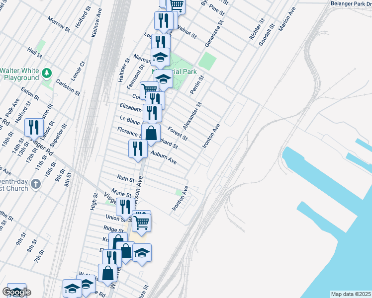 map of restaurants, bars, coffee shops, grocery stores, and more near 57 Orchard Street in River Rouge