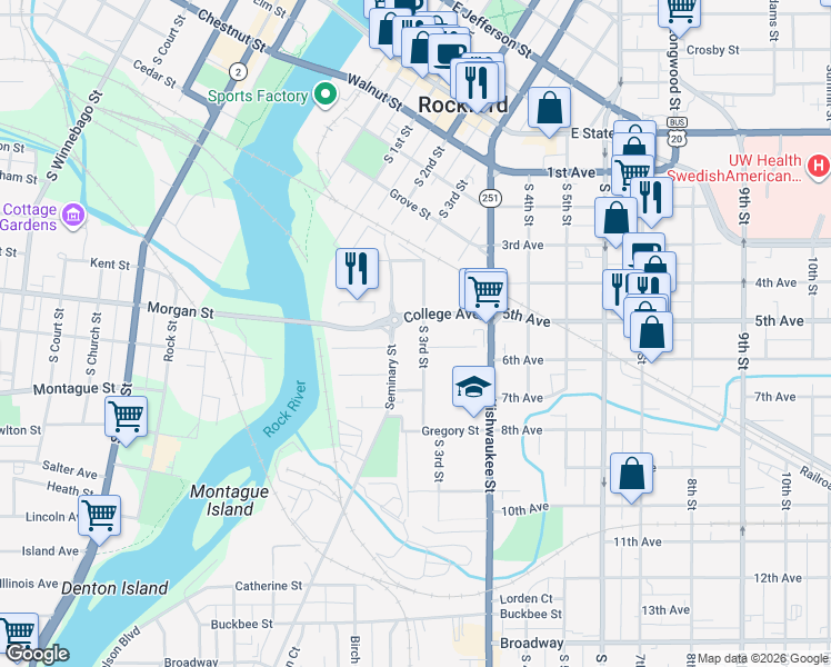 map of restaurants, bars, coffee shops, grocery stores, and more near 619 South 3rd Street in Rockford