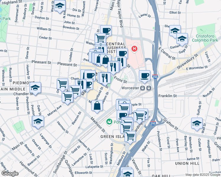 map of restaurants, bars, coffee shops, grocery stores, and more near 268 Church Street in Worcester