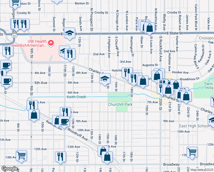 map of restaurants, bars, coffee shops, grocery stores, and more near 623 15th Street in Rockford