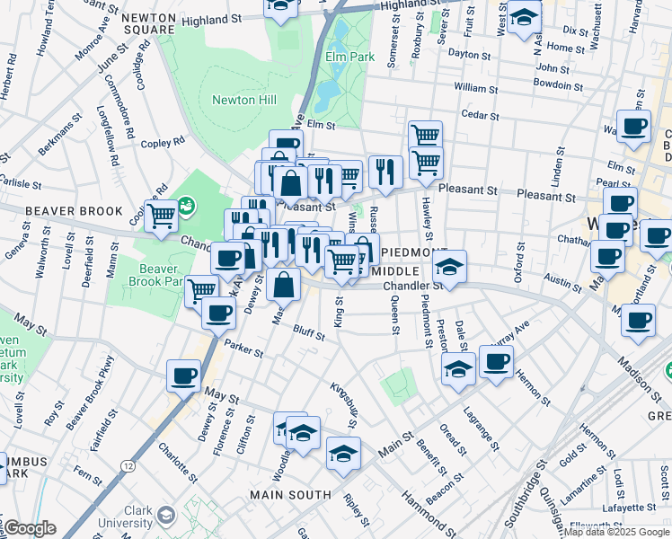 map of restaurants, bars, coffee shops, grocery stores, and more near 183 Austin Street in Worcester