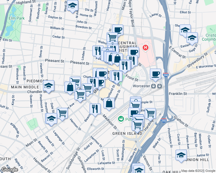 map of restaurants, bars, coffee shops, grocery stores, and more near 20 Franklin Street in Worcester
